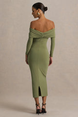 Spark | Olive Bardot-Neck Midi Dress With Bow Detail