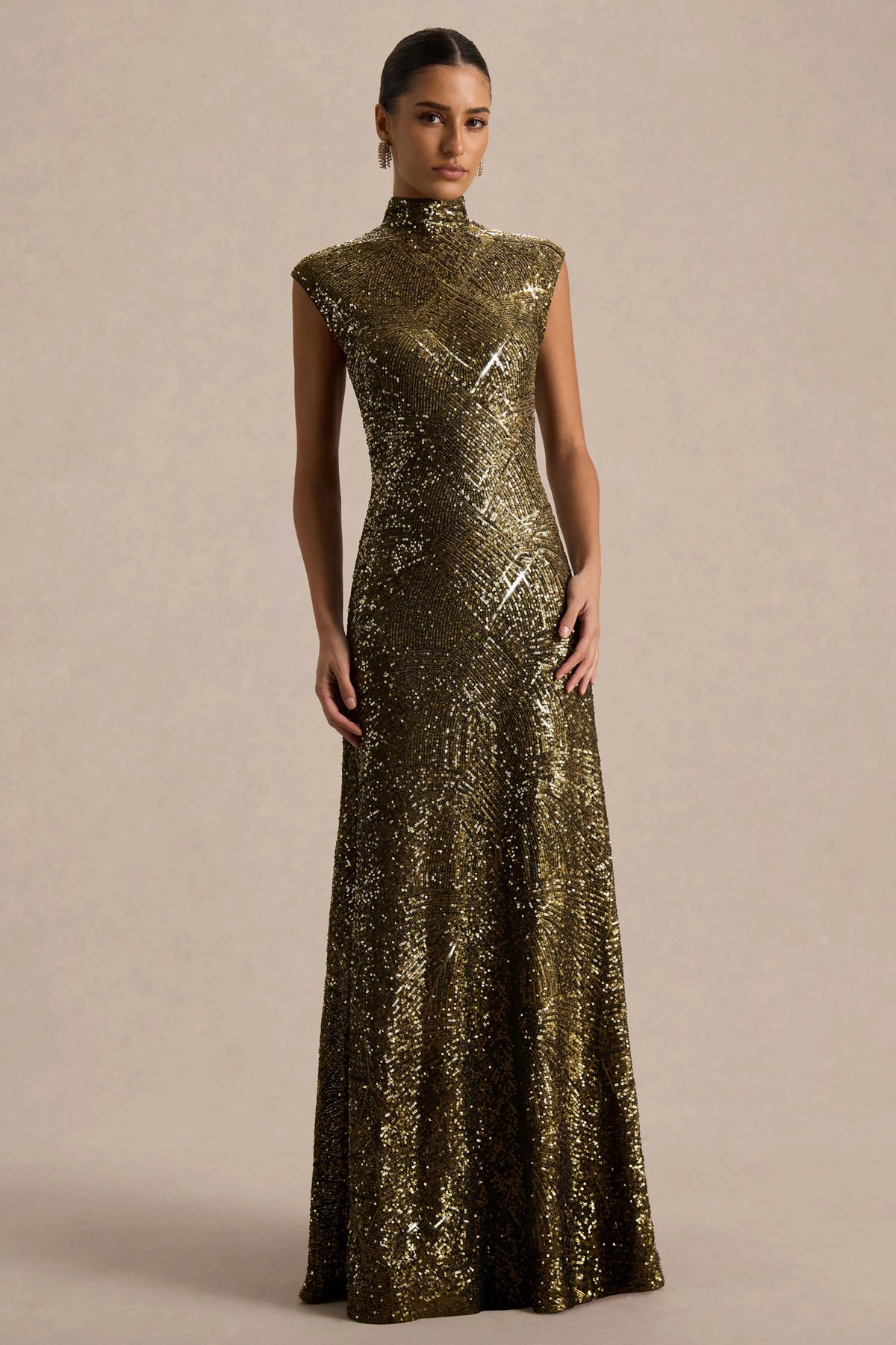 Cecy | Khaki Sequin High-Neck Maxi Dress With Cap Sleeves