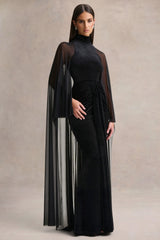 Adoring | Black Velvet High-Neck Maxi Dress With Cape