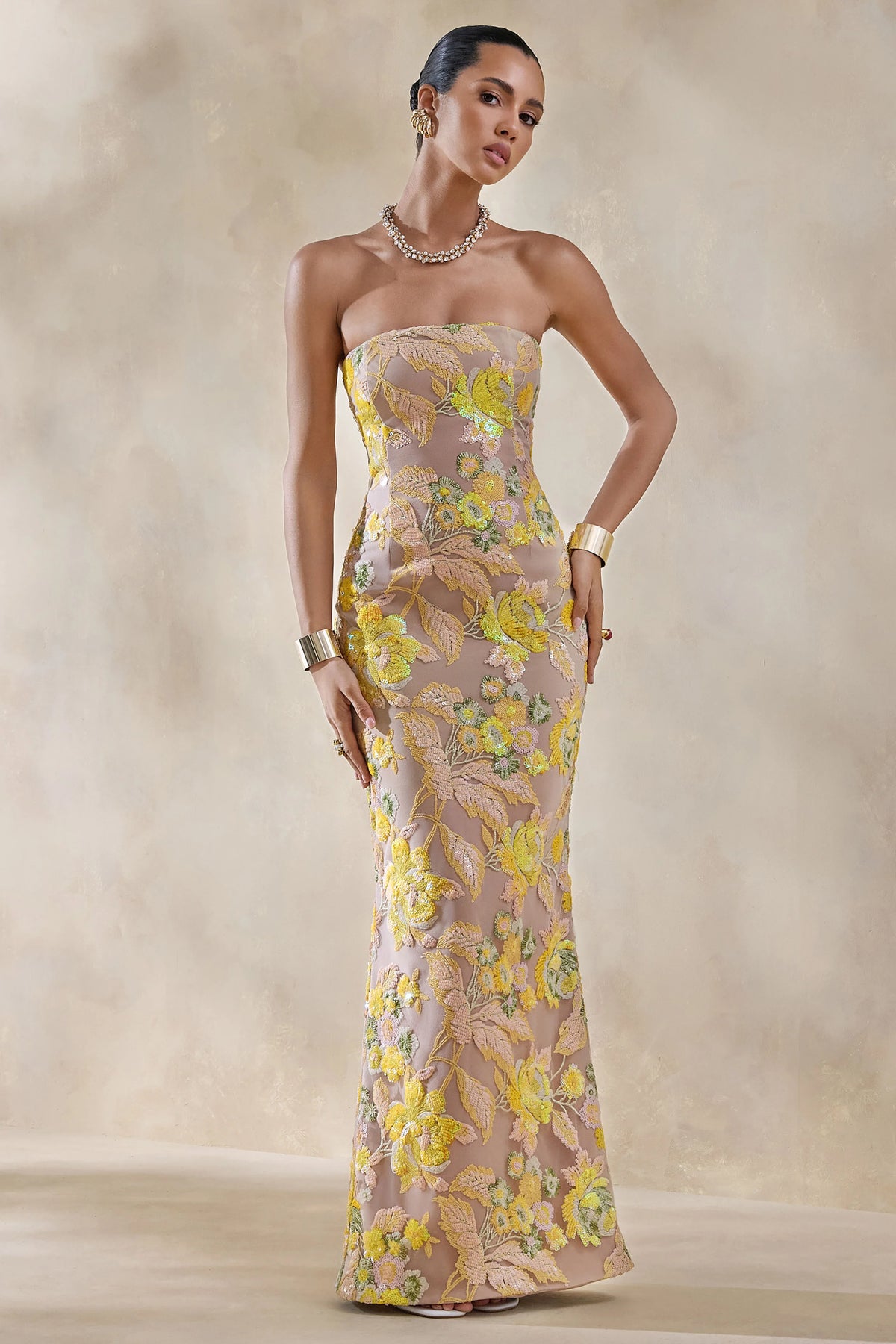 Severn | Yellow Embellished Floral Bandeau Maxi Dress