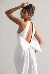 Bestow | White Open-Back Maxi Dress With Oversized White Bow