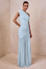 Kady | Powder Blue Asymmetric-Neck Maxi Dress With Ruched Detailing
