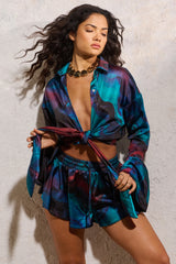 Marisela | Blue Print Satin Flared Sleeve Cropped  Shirt