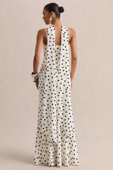 Starling | White & Black Polka Dot Satin Plunge-Neck Maxi Dress With Scarf-Detail