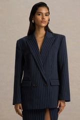 Alana | Navy Pinstripe Plunge-Neck Oversized Blazer