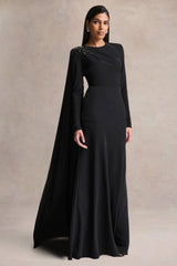 Reese | Black High-Neck Maxi Dress With Embellished Detail and Sash