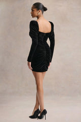 Kiss Of Midnight | Black Velvet Puff-Sleeve Mini Dress With Bow