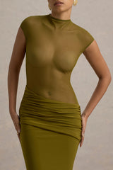 Asia | Green Sheer Short-Sleeve Draped Maxi Dress