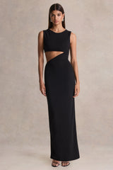 Roseth | Black High-Neck Maxi Dress With One-Sleeve And Body Cut-Out Detail