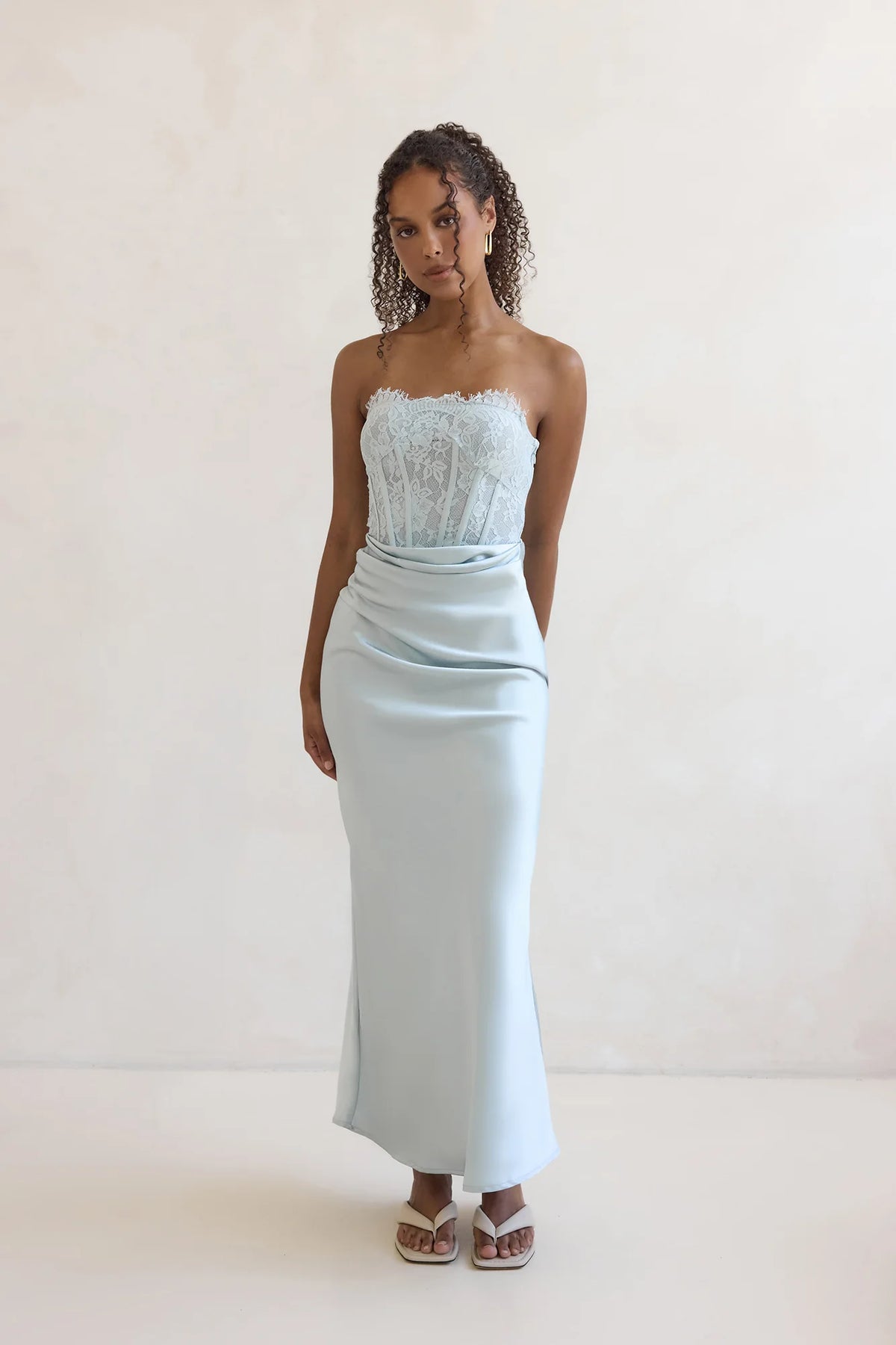 Away With You Satin Lace Strapless Maxi Dress Blue