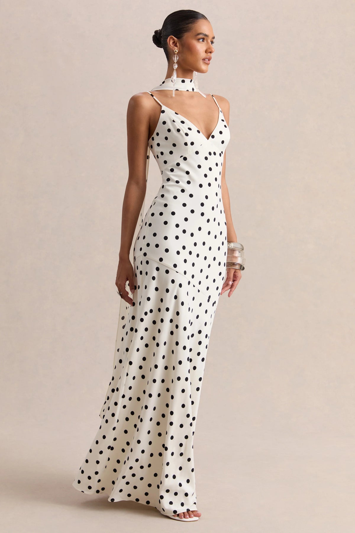 Starling | White & Black Polka Dot Satin Plunge-Neck Maxi Dress With Scarf-Detail