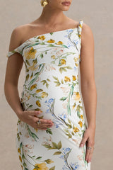 Salome | White Botanical Floral Print Twisted Asymmetric Maternity Midi Dress