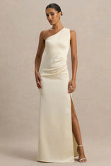 Beth | Pale Lemon Asymmetric Neckline High-Split Maxi Dress