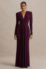 Flashy | Burgundy Plunge-Neck Maxi Dress With Ruched Detailing