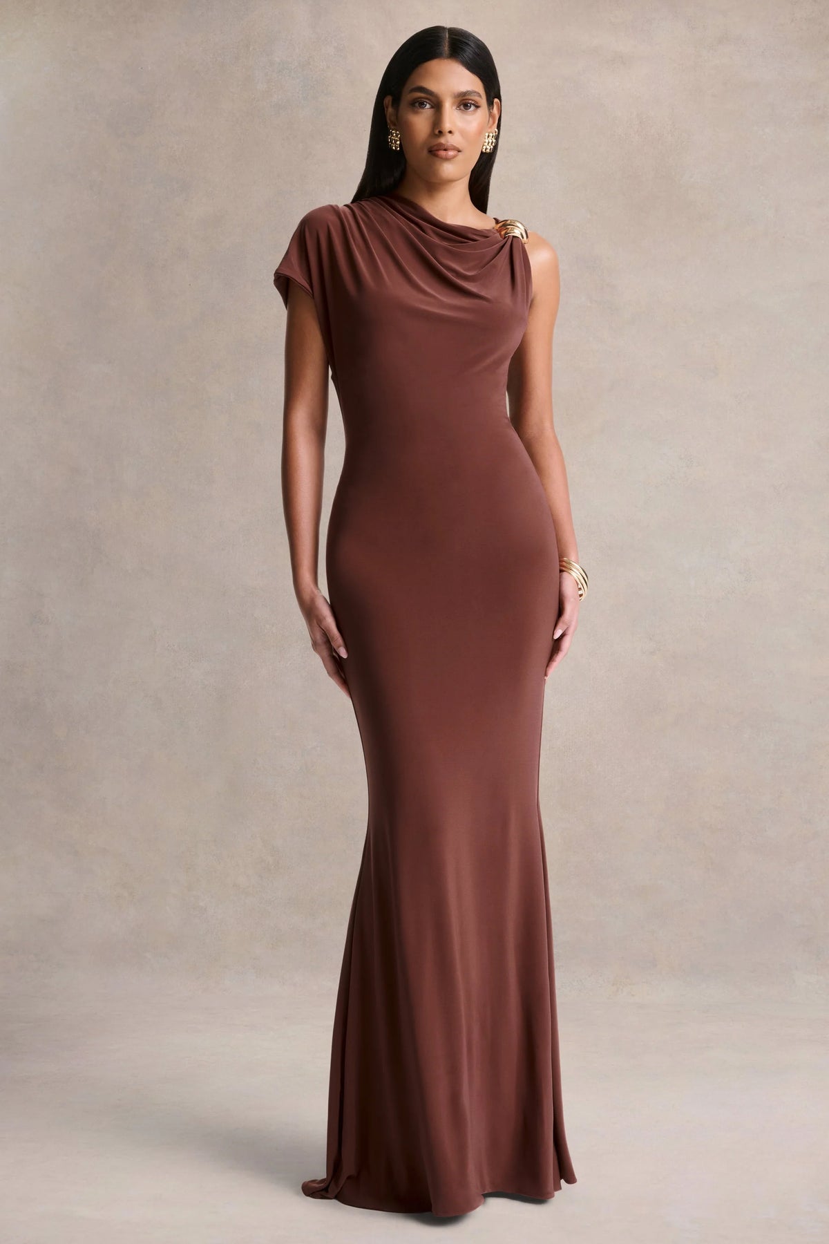 Blaire | Brown Asymmetric-Neck Maxi Dress With Gold-Detailing