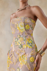 Severn | Yellow Embellished Floral Bandeau Maxi Dress