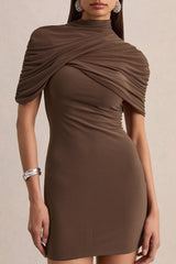 Perdi | Brown Bodycon Mini Dress With Twisted Cape