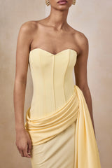 Oakley | Lemon Satin Bandeau Maxi Dress With Draped Skirt