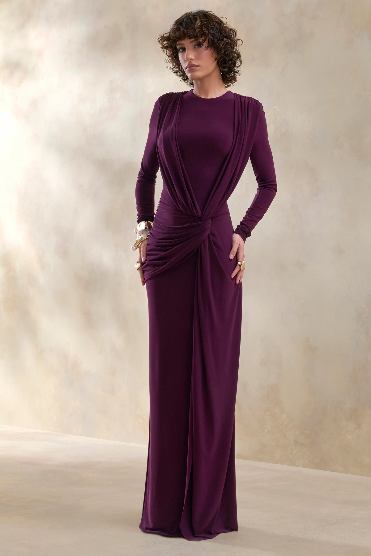 Desirelle | Plum Crew-Neck Maxi Dress With Gathered-Detailing