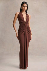 Lesley | Brown Plunge-Neck Maxi Dress