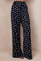 Seloria | Black & White Satin Polka Dot Wide-Leg Trouser