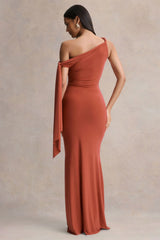 Vista | Rust Asymmetric-Neck Maxi Dress With Knot-Sleeve Detail
