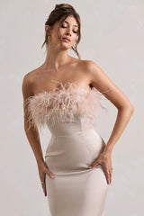 Dress For It | Champagne Satin Feather Trim Bandeau Maxi Dress