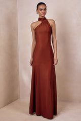 Cara | Rust Satin High-Neck Maxi Dress