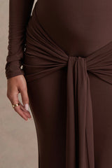 Aveny | Brown Crew-Neck Maternity Maxi Dress With Ruched-Detailing And Sash
