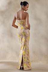 Severn | Yellow Embellished Floral Bandeau Maxi Dress