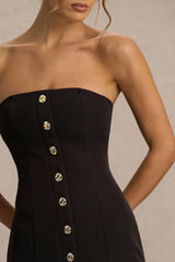 Briella | Black Bandeau Midi Dress With Gold-Button Detailing