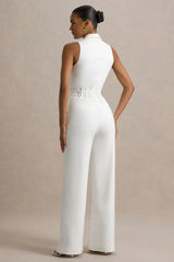 Trixie | White Plunge-Neck Tailored Jumpsuit