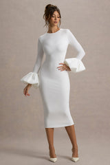 Celie | White Long-Sleeve Midi Dress With Puff Cuffs