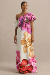 Anastasia | Large Multi-Floral Print Asymmetric-Neck Maxi Dress