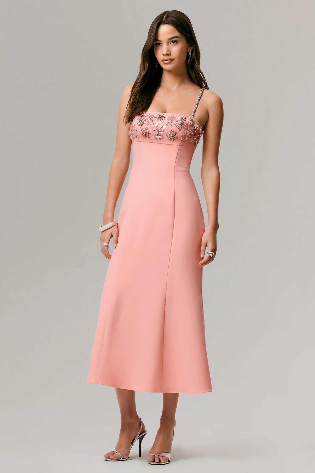 One To Remember | Coral Square-Neck Embellished Midi Dress