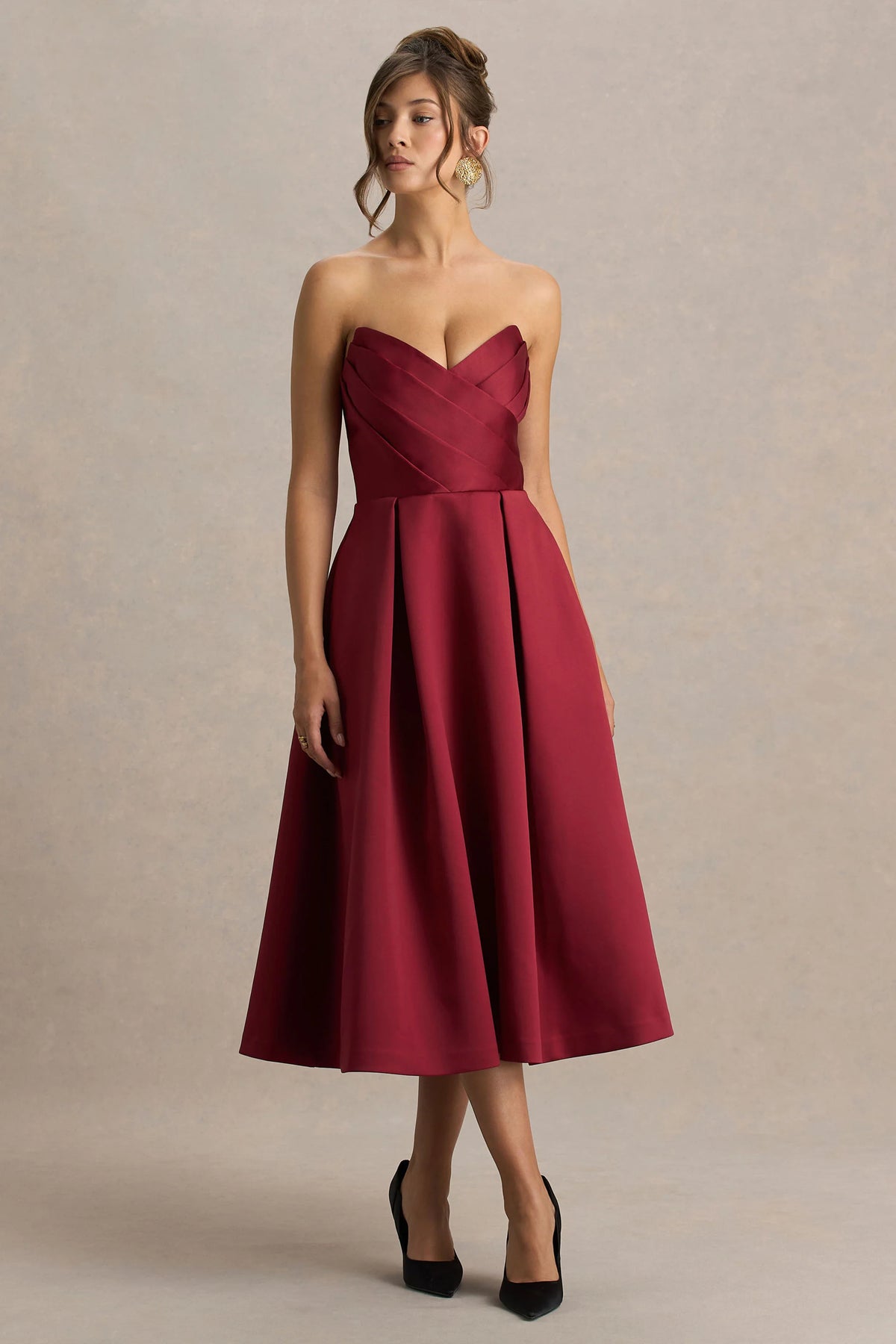 Promises | Red Satin Sweetheart-Neck Midi Dress