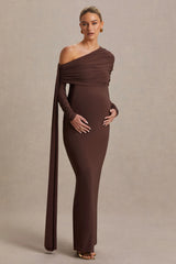Cyra | Brown Bardot-Neck Maternity Maxi Dress With Sash