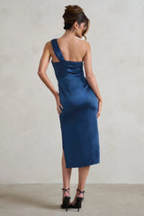 Steffie | Navy Asymmetric Satin Midi Dress