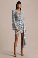 Carmina | Silver Sequin Plunge-Neck Wrap Mini Dress With Sash Detail