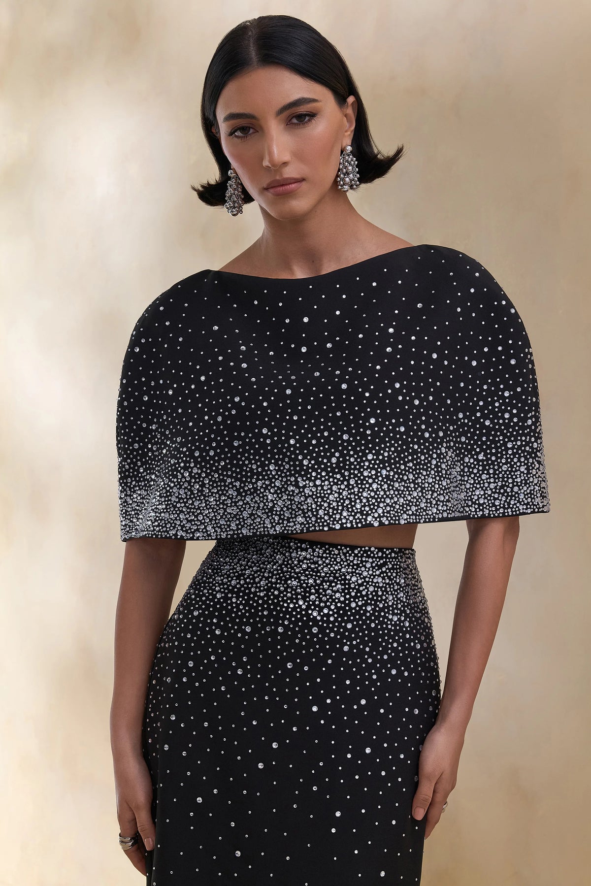 Luxy | Black Embellished Boat-Neck Crop-Top With Cape-Sleeves