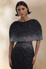 Luxy | Black Embellished Boat-Neck Crop-Top With Cape-Sleeves