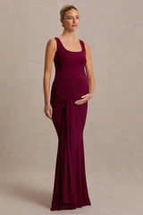 Baylin | Burgundy Square-Neck Maternity Maxi Dress With Ruched Detailing And Sash