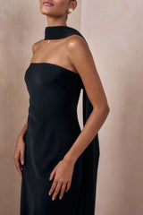 Charly | Black Satin Bandeau Maxi Dress With Scarf-Detail