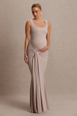 Baylin | Nude Square-Neck Maternity Maxi Dress With Ruched Detailing And Sash
