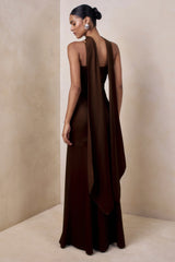 Starling | Brown Satin Plunge-Neck Maxi Dress With Scarf-Detail