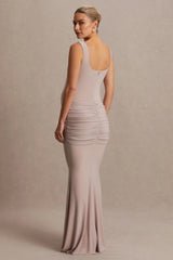 Baylin | Nude Square-Neck Maternity Maxi Dress With Ruched Detailing And Sash