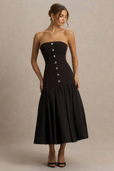 Briella | Black Bandeau Midi Dress With Gold-Button Detailing
