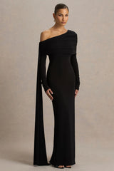 Octavia | Black Bardot-Neck Maxi Dress With Cape And Ruched Detailing