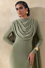 Lysoria | Olive High-Neck Maxi Dress With Draped-Detailing And Cape-Sleeves