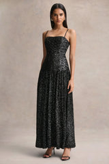 Allora | Black Sequin Square-Neck Maxi Dress With Pleated Skirt